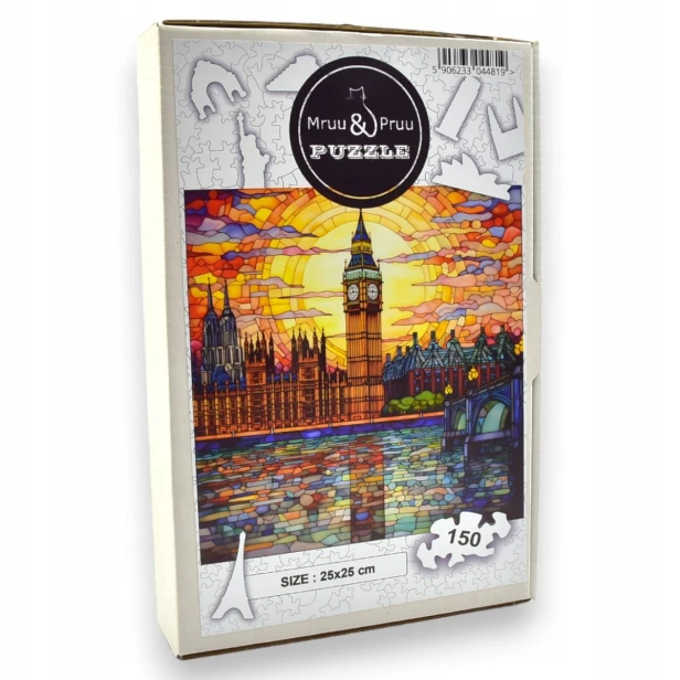 puzzle big ben 150 elementów, puzzle drewniane, mruu&amp;pruu puzzle, big ben, kolorowe puzzle big ben, witraż