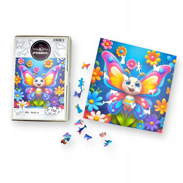 puzzle motyl 150 elementów, puzzle drewniane, mruu&amp;pruu puzzle, motylek dla dzieci, kolorowy motylek